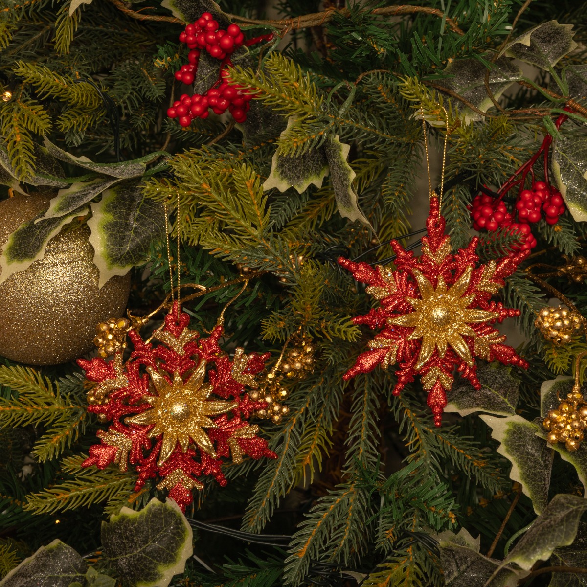 Pair of Hanging Red and Gold Snowflakes - Christmas Tree Decoration