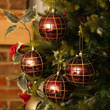 Burgundy Tartan - Glitter Baubles - Christmas Tree Decoration - Pack of 12