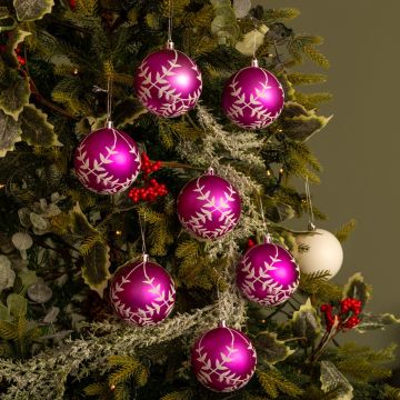 Pink and White Leaf Design Baubles - Pack of 12 - Christmas Tree Decoration