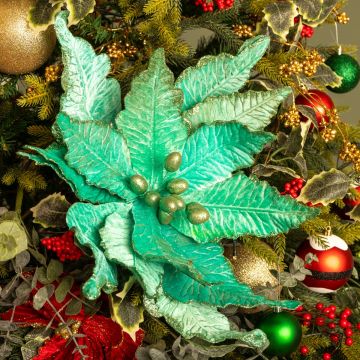 Turquoise Blue Poinsettia Stem - Christmas Floristry Decoration