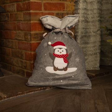 Grey Christmas Sack with Penguin - Christmas Decoration