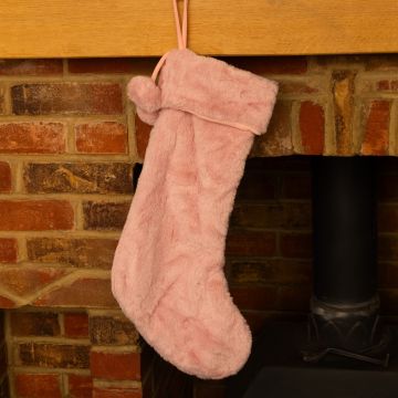 Pink Fur Stocking with Pom Poms - Christmas Decoration