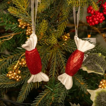 Pair of Hanging Red and White Glitter Sweet - Christmas Tree Decoration