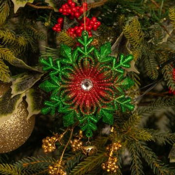 Hanging Green Glitter Snowflake with Gold Bell - Christmas Tree Decoration