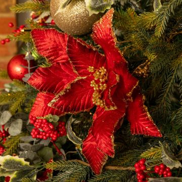 Red with Gold Glitter Poinsettia Stem - Christmas Decoration - 35cm