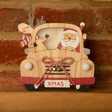 LED Wooden Car with Reindeer and Santa - Christmas Decoration