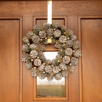 White Pinecone and Gold berries Wreath in a Box - Christmas Decoration