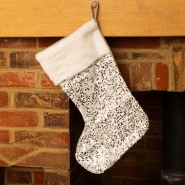 Silver Sequin with White Fur Stocking - Christmas Decoration 