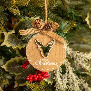 Hanging Wooden Circle with Reindeer Head - Christmas Tree Decoration 