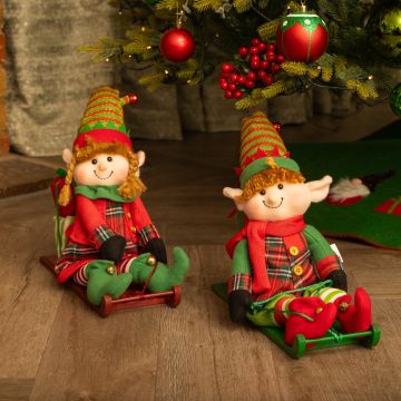 Red and Green Elves on Sleigh - Christmas Decoration - Pack of 2