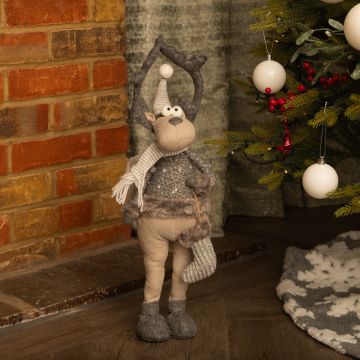 Standing Grey Reindeer with Striped Scarf - Christmas Decoration 