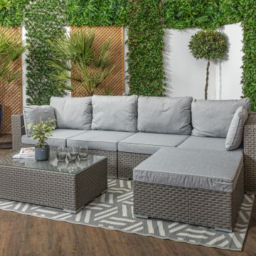 Monte Carlo - High Back Rattan Garden Furniture Sofa Set with Coffee Table, Grey Cushions and Stool