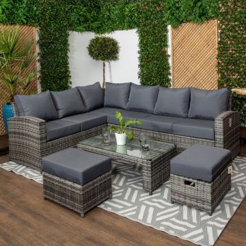 Sicilia - Luxury Grey & Anthracite - High Back Corner Sofa Set with Glass Topped Coffee Table, Two Stools & Cushions