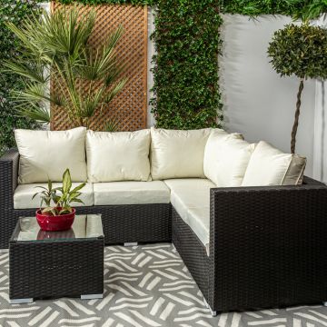 Mykonos - Black & Cream - Compact Corner Sofa Set in classic Black Rattan with Glass topped Coffee Table & Cream Cushions