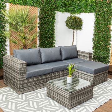 Barcelona - Grey Rattan Sofa Set with Glass Topped Coffee Table, Stool & Cushions