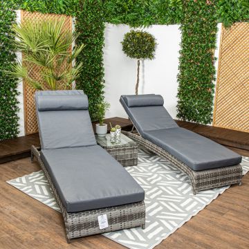 Savona - Luxury Loungers #GRY - Pair of Grey Rattan Sun Loungers with Grey Cushions and Side Table