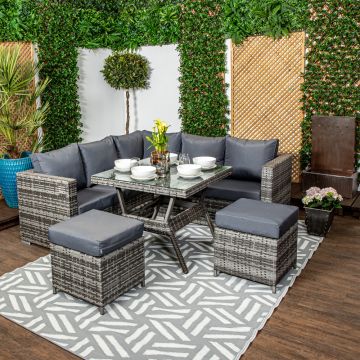 Ibiza - Compact Grey Rattan Corner Sofa Set with Glass Topped Dining Table, Two Stools & Anthracite Cushions