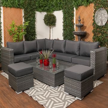 Marseille - Large Grey Rattan 9 seater Corner Sofa Set with Glass Topped Coffee Table, Cushions & Stools