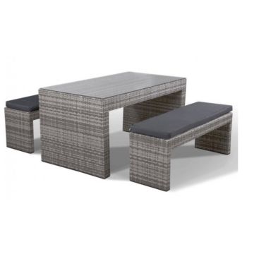Naples - Glass Topped Luxury Grey Rattan Picnic Table with Two Benches & Anthracite Cushions