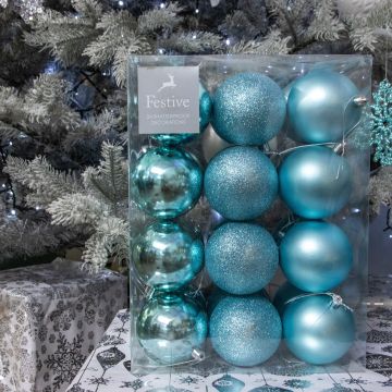 Christmas Tree Decorations - Assorted Duck Egg Blue Baubles  - Pack of 24