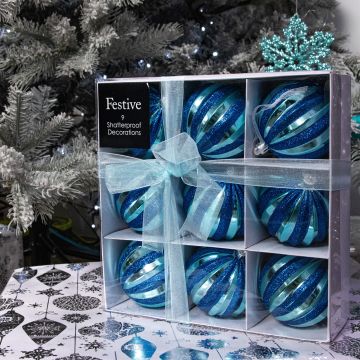 Christmas Tree Decorations -  Blue Baubles - Pack of 9