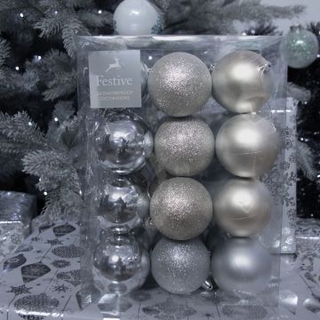 Christmas Tree Decorations - Silver bauble selection - Pack of 24 8cm
