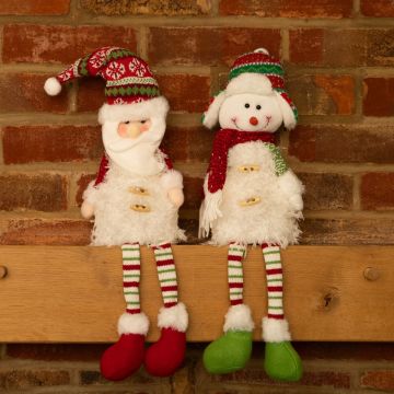Pair of Battery Operated Dangly-Legged Santa & Snowman Ornaments - Christmas Decoration