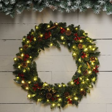 80cm Prelit Cinnamon & Berry Wreath - Christmas Decoration - Battery Operated