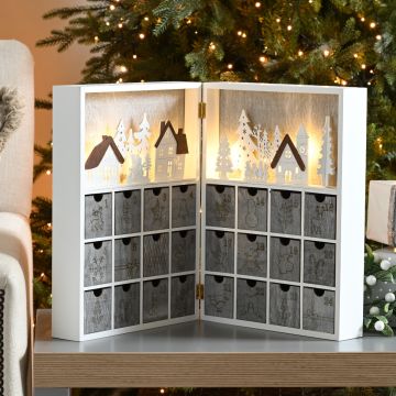 Christmas Decoration - White Village Advent Scene - 36cm - Battery Operated