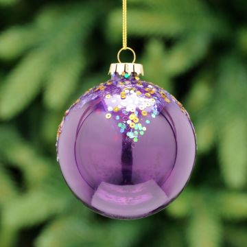 Purple Glass Ball with a Sequin Snow-cap - Christmas Tree Decoration
