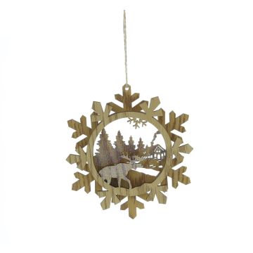 Hanging Wooden Snowflake-Reindeer Scene - Christmas Tree Decoration