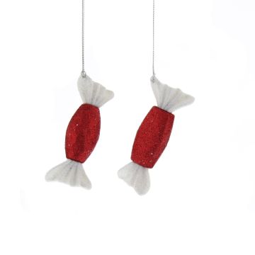 Pair of Hanging Red and White Glitter Sweet - Christmas Tree Decoration