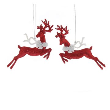 Pair of Hanging Red and White Leaping Reindeer - Christmas Tree Decoration