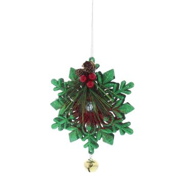 Hanging Geen Glitter snowflake with Gold Bell