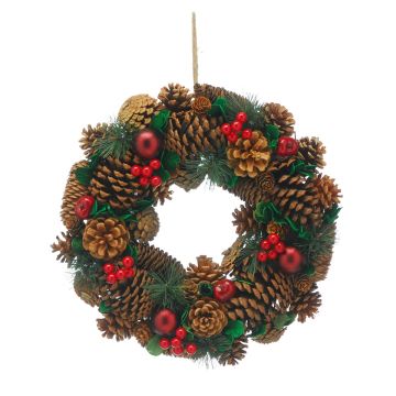 36cm Pinecone and Red Berries Wreath - Christmas Decoration