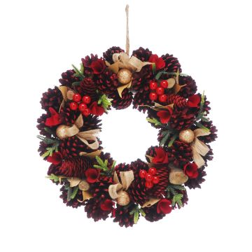 Red Rose and Pinecone Wreath - Christmas Decoration - 30cm