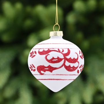 White Glass Onion with Red Leaf Band - Christmas Decoration