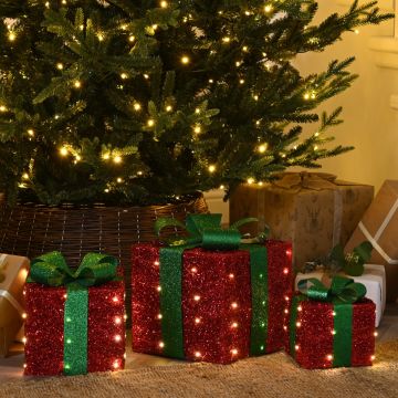 Set of 3 LED Red Parcels with Green Bow - Christmas Decoration - Battery Operated