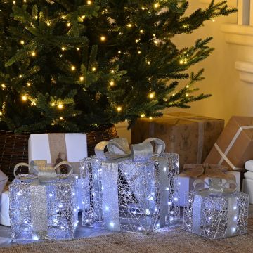 Set of 3 LED Silver Parcels - Christmas Decoration - Battery Operated