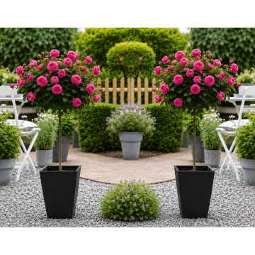 Pair of Large Patio Standard PINK Rose Trees circa 100cm tall - with Flared BLACK Planters