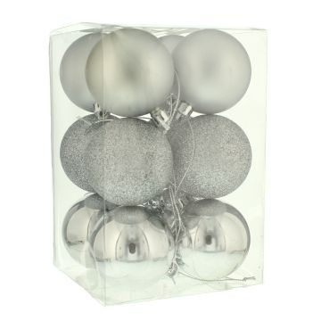 Christmas Tree Decorations - Silver bauble selection - Pack of 12
