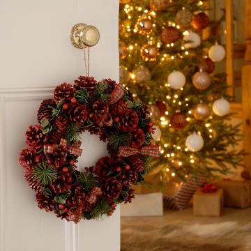 Christmas Wreath - Red Pinecone and Gold Glitter - Hand crafted