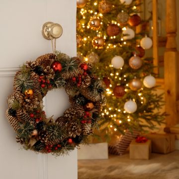 Gold Pinecone and Red Berries - Christmas Wreath in Box - Hand crafted