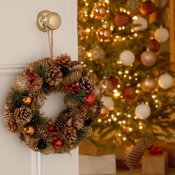 Christmas Wreath in Box - Gold Pinecone and Red Berries- Hand crafted