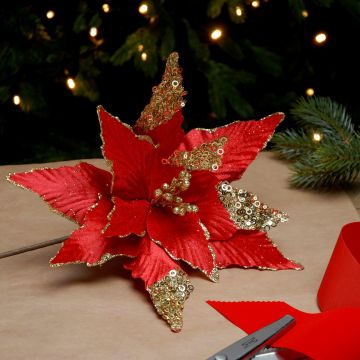 Christmas Floristry Decoration - Red Velvet Poinsettia Stem