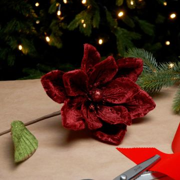 Christmas Floristry Decoration  - Burgundy Velvet Magnolia Stem