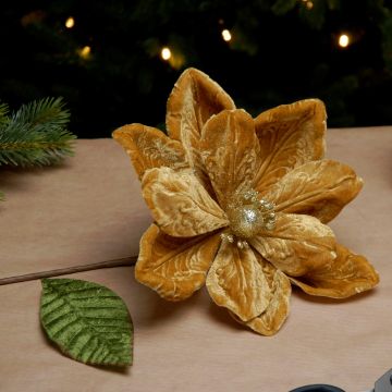 Christmas Floristry Decoration  -  Gold Velvet Magnolia Stem