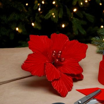 Christmas Floristry Decoration  -  Red Velvet Magnolia Stem
