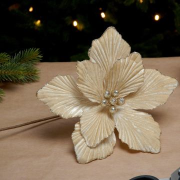Christmas Floristry Decoration  -  Champagne Gold Velvet Magnolia Stem - approx 40cm