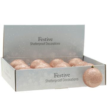 Christmas Tree Decorations - Rose Gold Glitter Baubles - Pack of 12